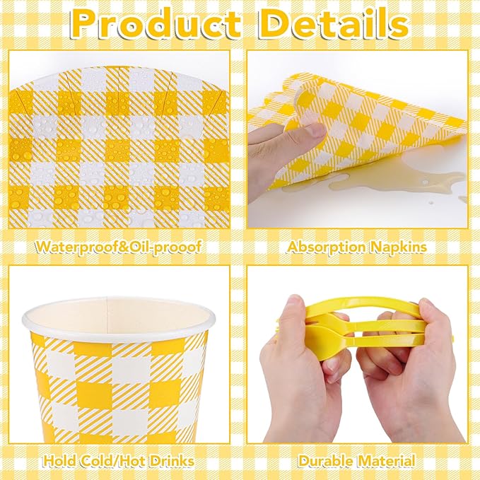 175 Pcs Gingham Party Supplies Include Yellow Gingham Plates and Napkins Cups Plastic Cutlery Disposable Yellow Checkered Plates Set for Easter, Picnic, Baby Shower, Golf Party
