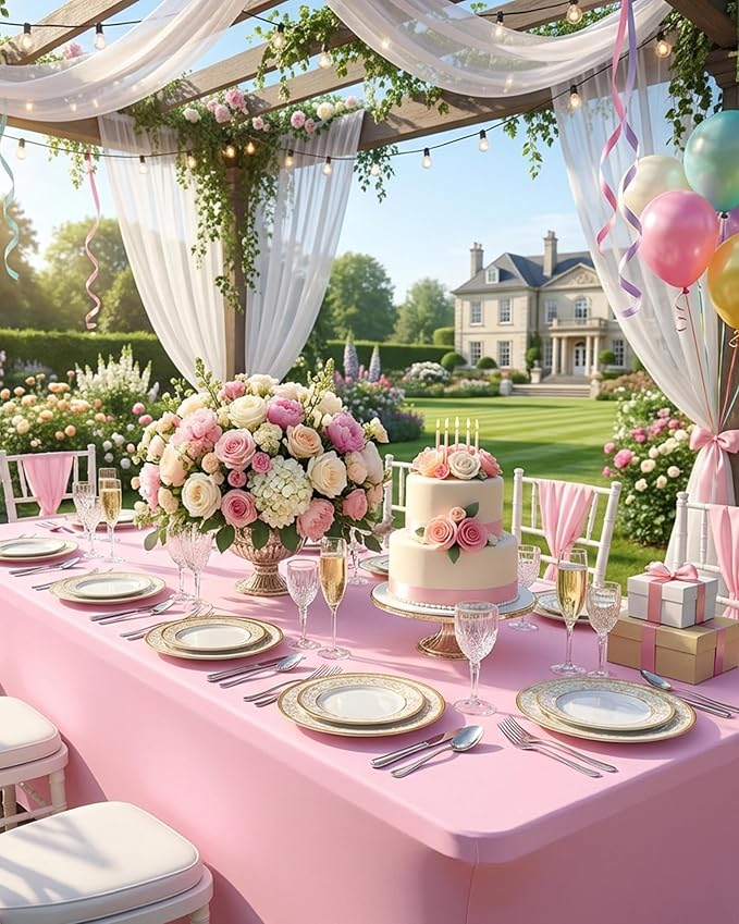 Fixwal 3 Pack Pink Table Cloths Rectangle 8FT, Tablecloths Rectangular Stretch Spandex Fitted Table Covers 8ft for Parties, Trade Shows, Banquet, Weddings, Buffet, Graduation