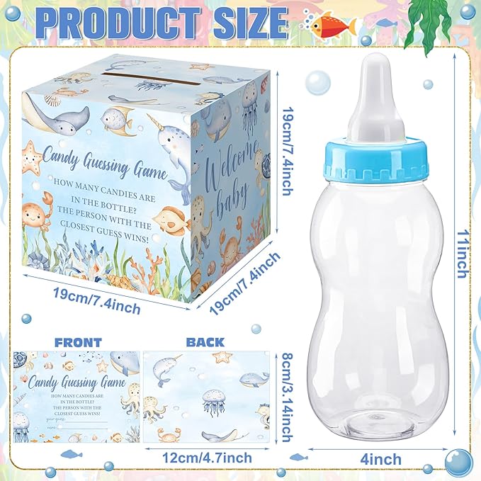 Glenmal 52 Pcs Under The Sea Baby Shower Games Gift Sets Large Baby Bottle for Shower Game Guess How Many Candies Decorations for Gender Reveal