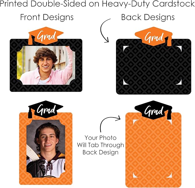 Orange Grad Graduation Photo Display Centerpiece Kit - 15 Double-Sided Photo Table Topper Sticks, Vertical and Horizontal 4x6 Picture Holders, DIY Party Decoration Set