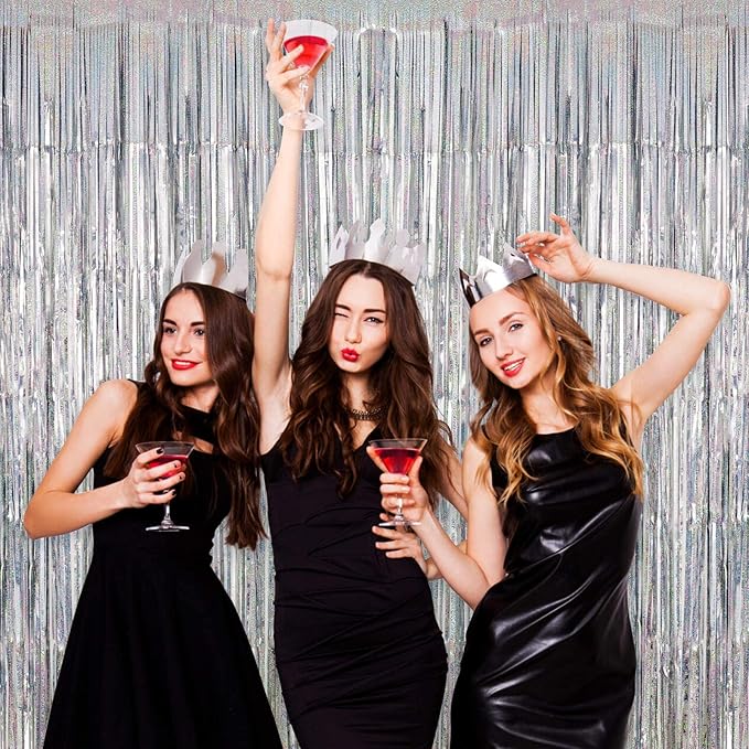 Silver Tinsel Foil Fringe Curtain Backdrop, 3.3 x 8.2 ft Metallic Glitter Curtain Streamers, 2 Pack Silver Photoboth for Birthday New Year Eve 2024 Disco Party Decorations