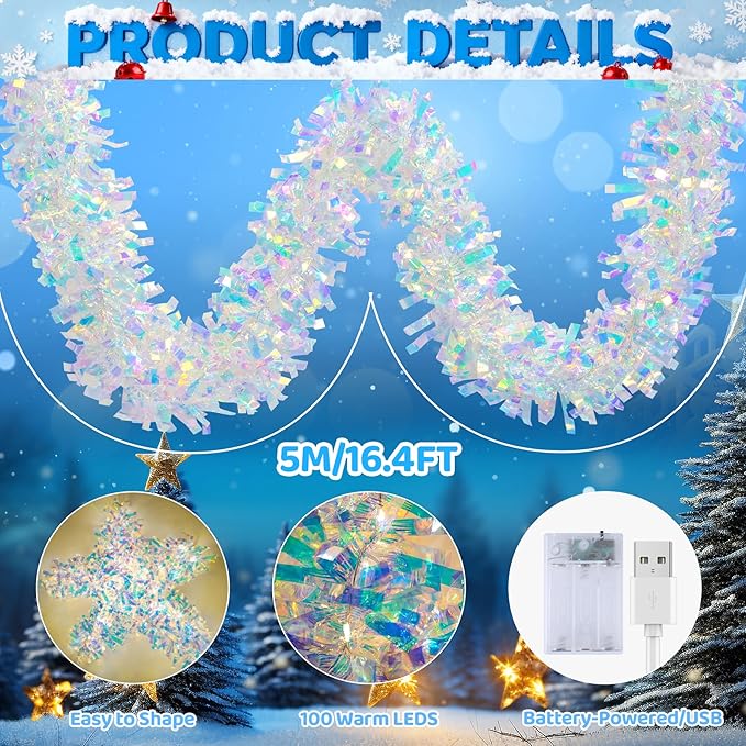 Christmas Garland with Lights, 2 Pack 16.4FT Iridescent Tinsel Garlands Battery Operated & USB, Shiny Foil Garland Indoor Hanging Home Decor, Garland for Birthday Holiday New Years Eve Party Supplies