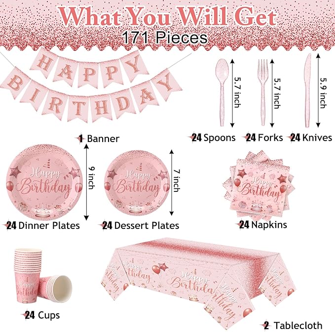 Vesici 171 Pcs Happy Birthday Party Supplies 24 Set Disposable Party Tableware include Plates Cups Napkins Cutlery and Banner Tablecloth Birthday Dinner Decorations for Men Woman(Pink, Rose Gold)