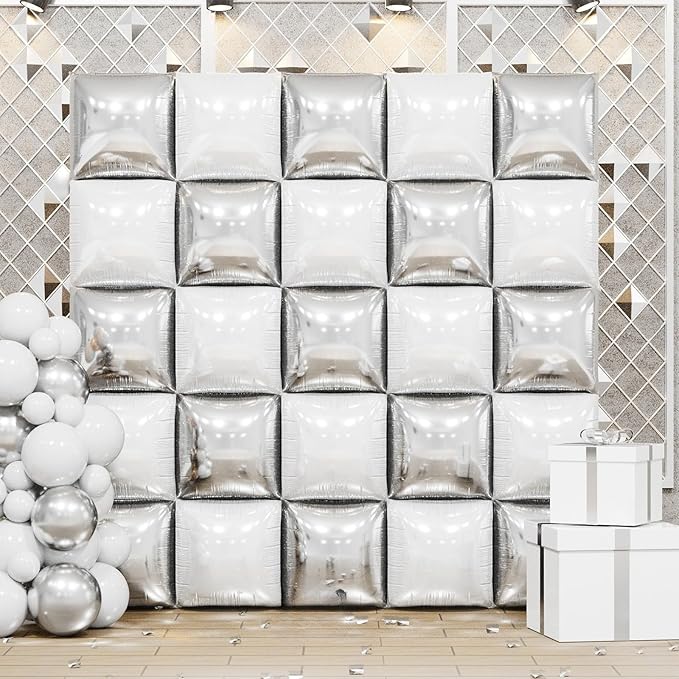 Pearl White and Silver Double Sided Square Foil Balloons Wall,19 Inches Metallic Foil Balloons Tunnel Arch Kit for Bachelorette,Anniversary,Wedding,2026 Graduation,Birthday Party Background Decoration
