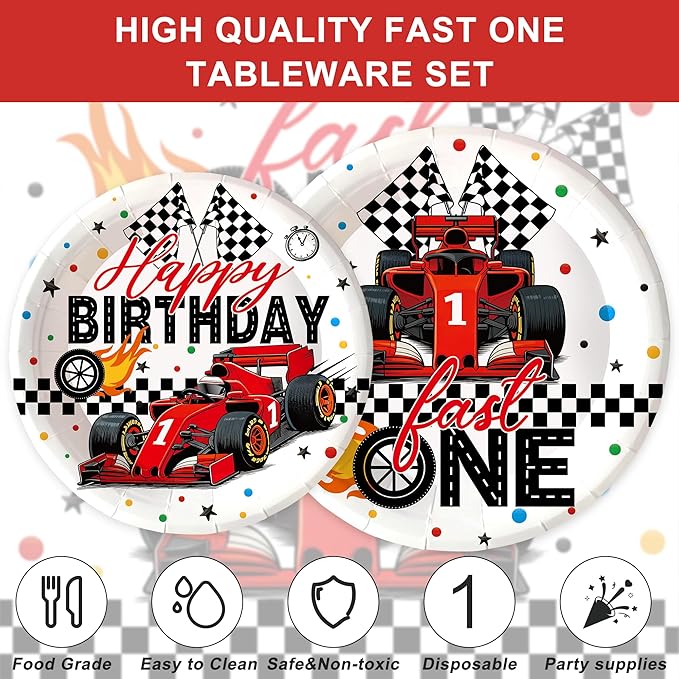 120 Pcs Fast One Birthday Decorations Race Car 1st Birthday Plates and Napkins Tableware Sets Racing Car First Party Decorations for Kids Boys 1 Years Old Party Supplies Serves 20
