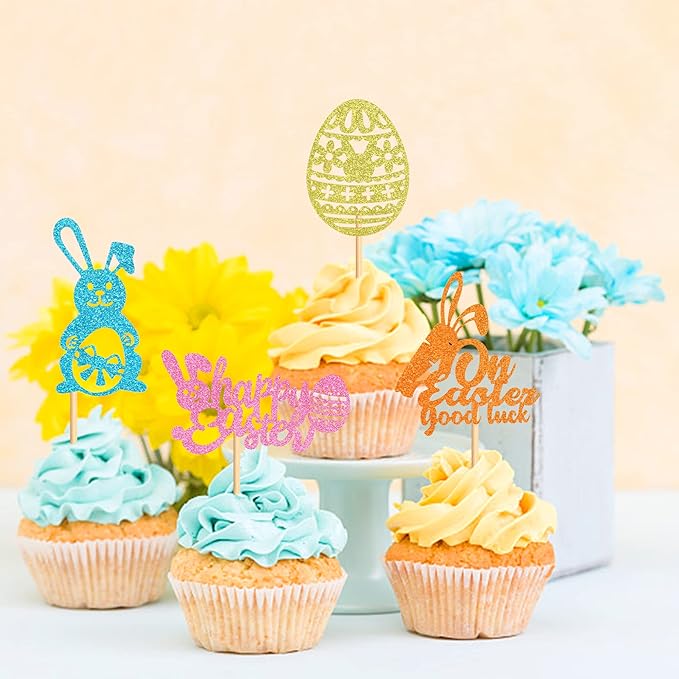 Ercadio 24Pcs Happy Easter Cupcake Toppers Glitter Bunny Easter Eggs On Easter Good Luck Cupcake Picks for Happy Easter Cupcake Decors Easter Baby Shower Birthday Wedding Party Supplies
