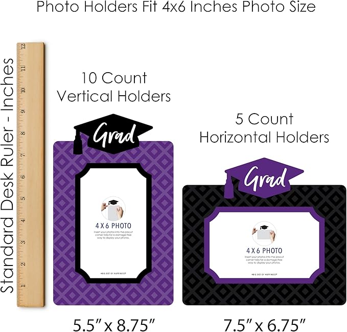 Purple Grad Graduation Photo Display Centerpiece Kit - 15 Double-Sided Photo Table Topper Sticks, Vertical and Horizontal 4x6 Picture Holders, DIY Party Decoration Set