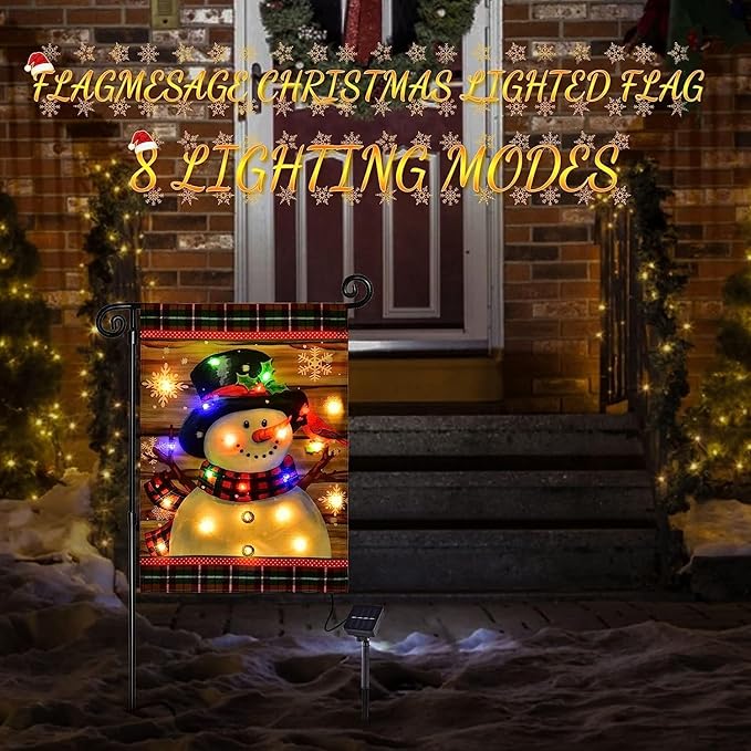 Lighted Christmas Garden Flag for Outside, Led Snowman Garden Flag, Winter Yard Flag 28x40 Double Sided for Outdoor Yard Porch Lawn Decoration