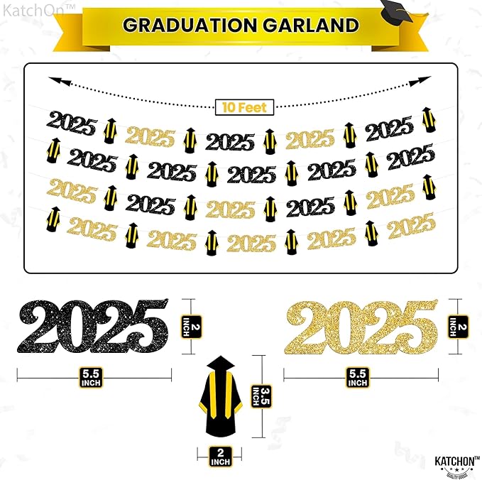 KatchOn, Black and Gold Grad Garland 2025-10 Feet, No DIY | Grad Garland Class of 2025 | Graduation Decorations 2025 | Grad Cap Decor for Graduation Decorations 2025