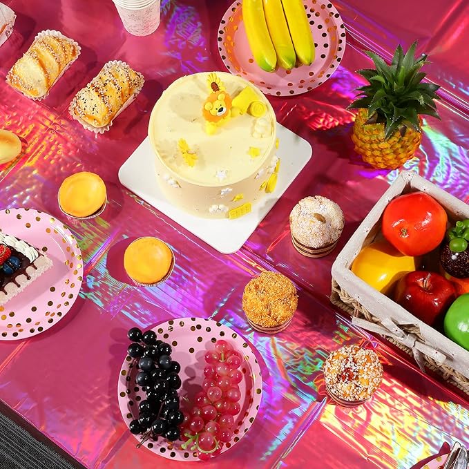 4 Pack Hot Pink Iridescence Plastic Tablecloths Shiny Disposable Laser Rectangle Table Covers Holographic Foil Tablecloth Iridescent Party Decorations Birthday Bridal Wedding Christmas, 54 x 108 Inch