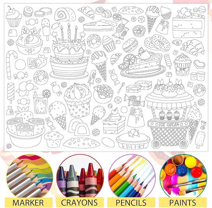 ZOIIWA Ice Cream Coloring Poster Giant Coloring Poster Large Sweet Treats Coloring Tablecloth Jumbo Coloring Books Classroom Home Birthday Party Supplies Favor 31.4 x 43.3 Inch