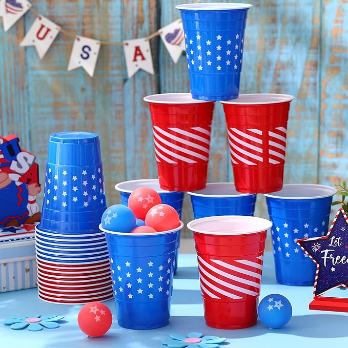 32 Pcs Red Blue White Party Game Set Include 16oz Patriotic Plastic Cups with 8 Star pattern Balls,4th of July Cups Memorial Independence Day Veterans Labor Juice Beverage Toss Game Supplies