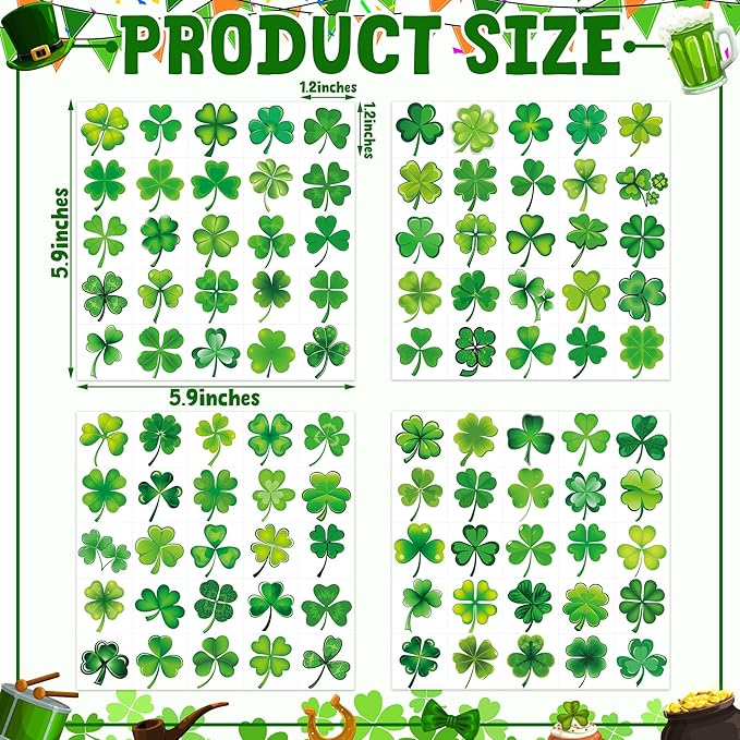 100 PCS St Patricks Day Tattoos, 4 Sheets Green Four Leaf Clover St Patricks Day Tattoos, Waterproof St Patricks Day Temporary Tattoos for St Patricks Day Accessories Favors