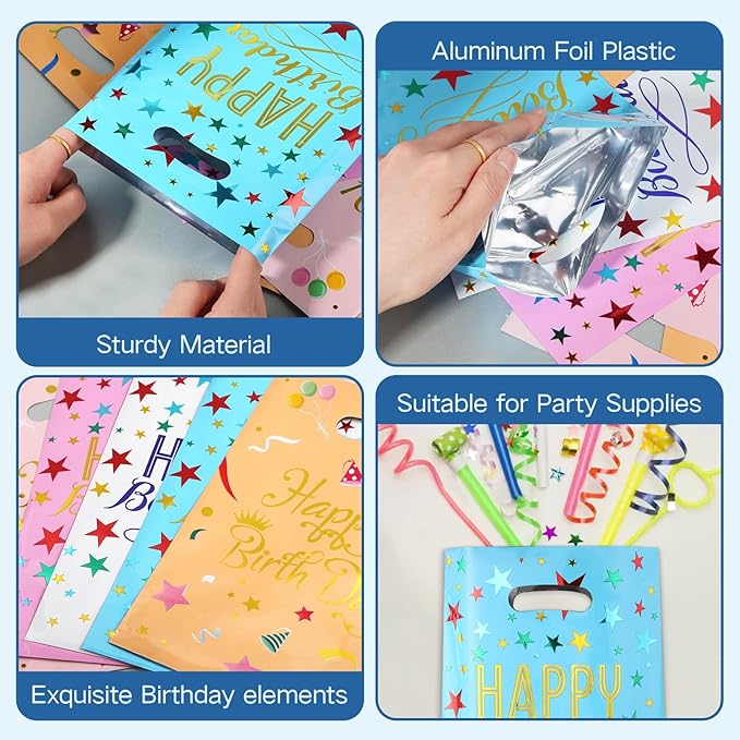 GOMANCHE 40-Pack Happy Birthday Party Favor Bags 9.4 x 6.3 Inch - Colorful Reusable Goodie Gift Bags for Kids, Girls & Boys Birthday Parties, Baby Showers & Special Events