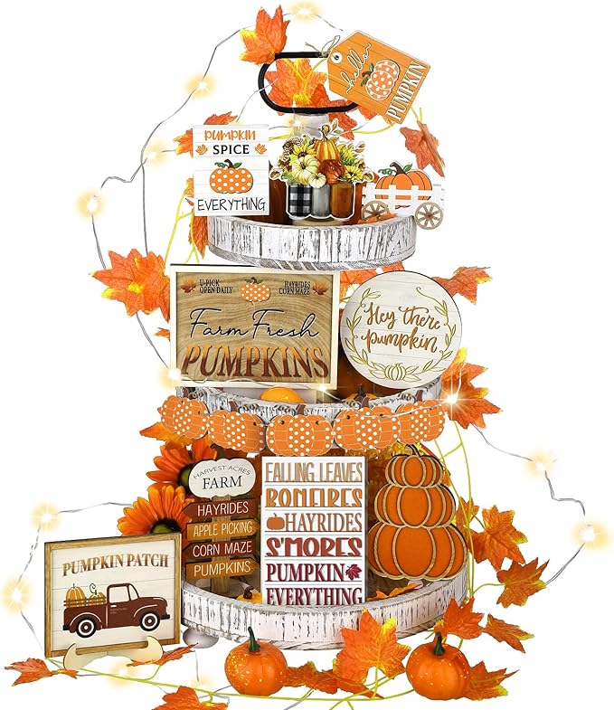 14 Pcs Thanksgiving Tiered Tray Decor Fall Thanksgiving Pumpkin Wooden Decorations Set Rustic Farmhouse Truck Spice Blocks Autumn Wooden Sign for Winter Halloween