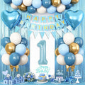 1st Birthday Decorations Blue White Gold,First Birthday Balloons with Happy Birthday Banner Fringe Curtain Heart Foil Balloons for Boys Girls 1 Year Old Birthday Decor