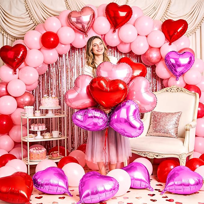 12 Pcs Red and Hot Pink Heart Foil Balloons for Valentines Day Decorations, 18 Inch Romantic Love Valentine Heart Balloons for Galentines Day Decorations Wedding Marriage Birthday Bridal Shower Party