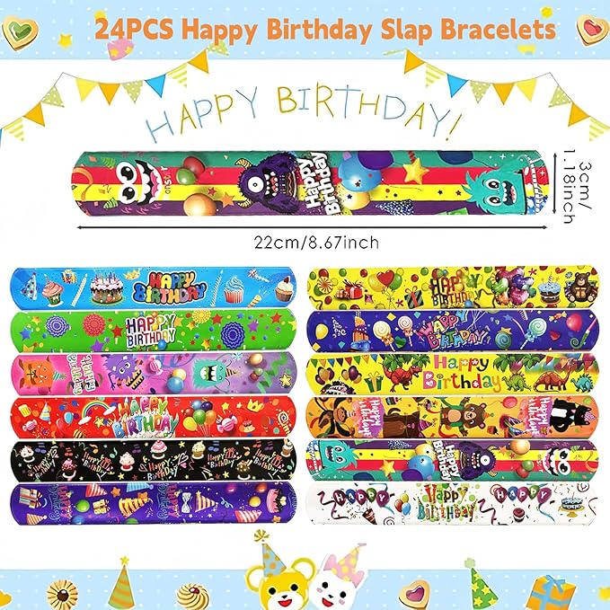 74PCS Happy Birthday Slap Bracelets&Stickers Birthday Theme 24PCS Slap Bracelets 50PCS Stickers Party Favors Basket Bag Filler School Prizes Gifts Party Favors Bulk