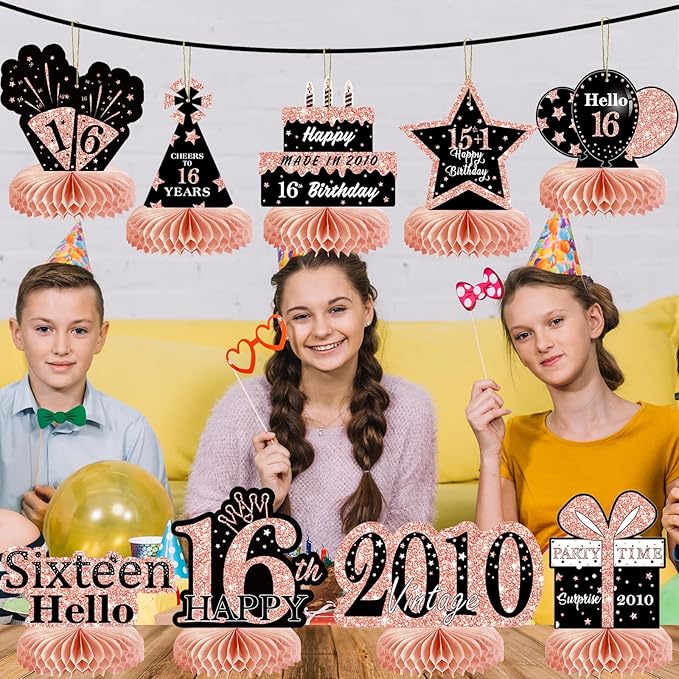 9Pcs Rose Gold Sweet 16 Birthday Decorations Honeycomb Centerpieces for Girls,Pink Happy 16th Birthday Centerpieces Tables Toppers Party Decorations Supplies 16th Table Sign Decor