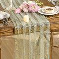 Artoid Mode 3PCS Sage Green Gold Gauze Table Runner 120 Inch 10FT, Glitter Metallic Foil Sheer Dining Wedding Anniversary Holiday Birthday Table Decor for Home Party