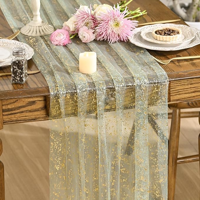 Artoid Mode Sage Green Gold Gauze Table Runner 59x120 Inch 10FT, Glitter Metallic Foil Sheer Dining Wedding Anniversary Holiday Birthday Table Decor for Home Party