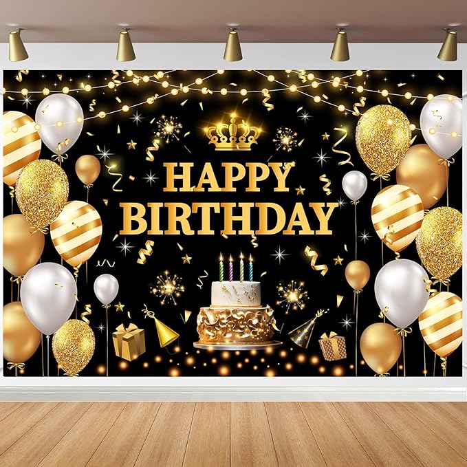 YinQin 180x120 cm Glitter Black Golden Happy Birthday Party Photo Backdrops Cloth 71x47 inch Bday Photography Backgrounds Shiny Black Gold Happy Birthday Sign Banner Decorations for Women Men