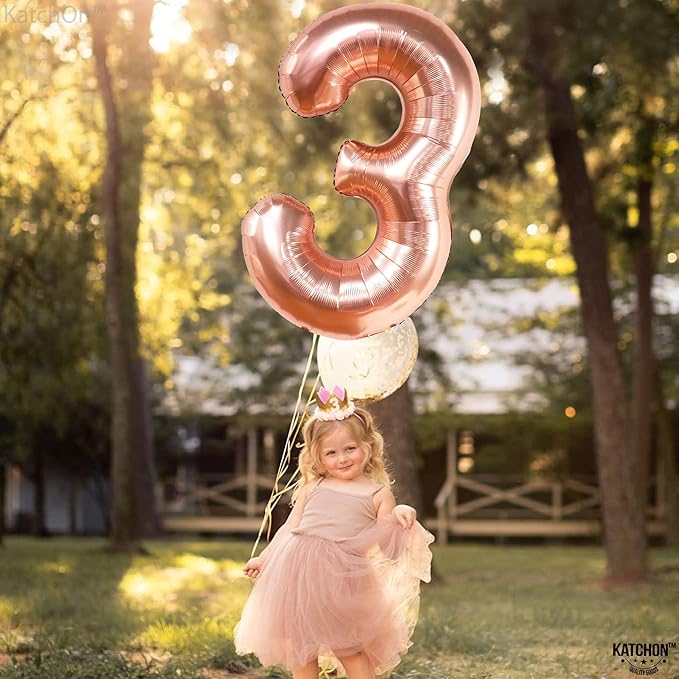 KatchOn, Large Rose Gold Number 3 Balloon - 40 Inch | Mylar Foil Balloon For 3rd Happy Birthday Decorations |Rose Gold Number 3 Balloon For 3rd Anniversary Decorations | Birthday Party Decoration