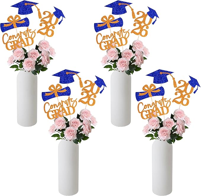 Gexolenu 16 PCS Orange and Blue Double-Sided 2026 Graduation Centerpieces for Tables, 2026 Table Toppers Party Centerpiece Sticks Party Supplies, Graduation Party Decorations Class of 2026, Set of 4