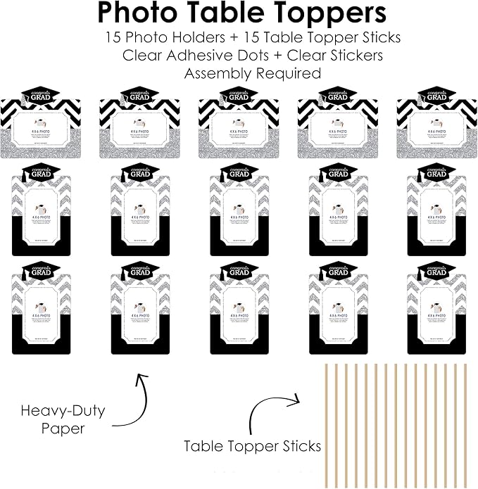 Graduation Photo Display Centerpiece Kit - 15 Double-Sided Photo Table Topper Sticks, Vertical and Horizontal 4x6 Picture Holders, DIY Party Decoration Set - Tassel Worth The Hassle- Silver