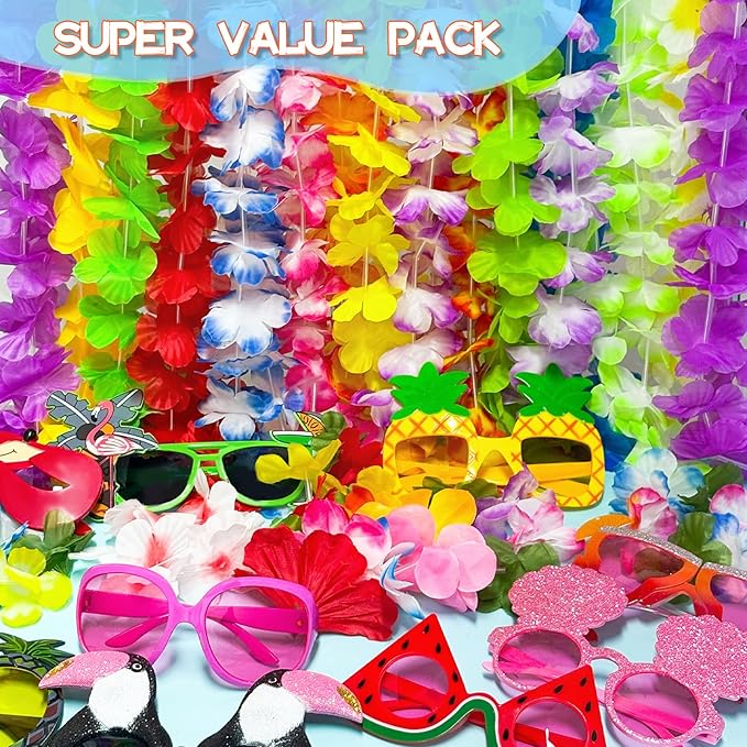 36 PCS Hawaiian Beach Tropical Party Decorations, Fun Summer Kids Party Favors with Luau Sunglasses and Hawaiian Leis Necklaces Bracelets for Beach Pool Themed Party Supplies Decoration