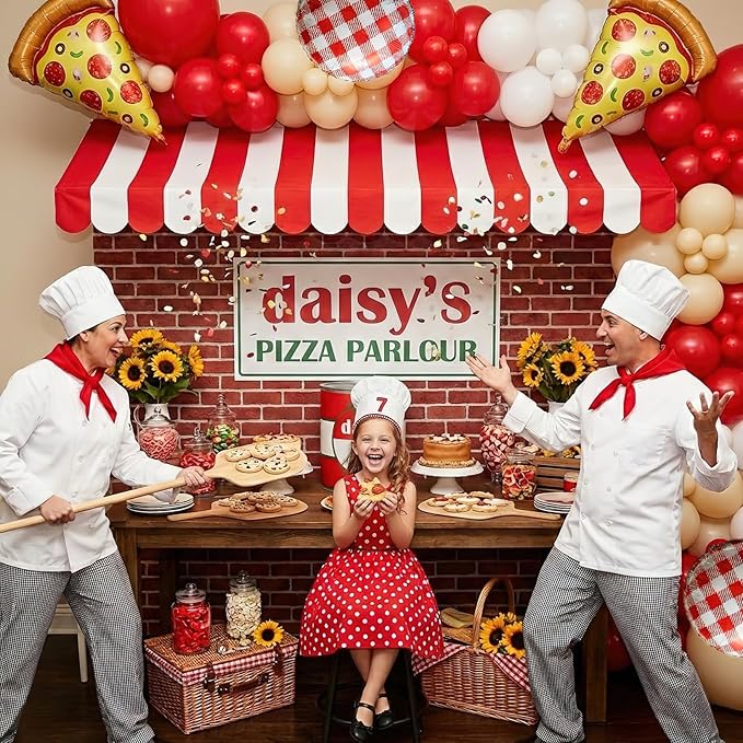 132PCS Pizza Party Balloon Arch Kit, Red White Sand White Latex & Gingham Checkered Foil Balloons with Pizza Foil Mylar for Italian Theme Birthday Baby Shower Christmas New Year Decorations