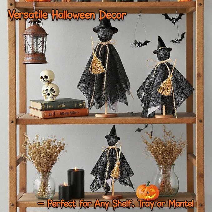 Halloween Decorations Indoor - 3 Set Primitive Halloween Wtich with Hat, Wooden Stand Witch Decor for Table Centerpieces, Mantels, Shelves, Vintage Spooky & Festive Party Decor