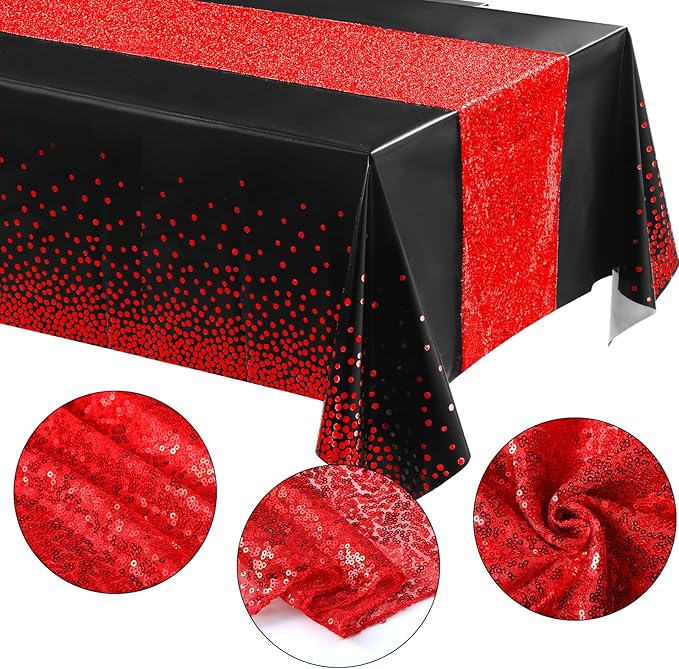 Irenare Tablecloth and Sequin Table Runner Set Polka Dots Confetti Table Cover Dining Plastic Tablecloths Glitter Decorations for Birthday Wedding Anniversary Party Supplies(Black, Red,2 Pcs)