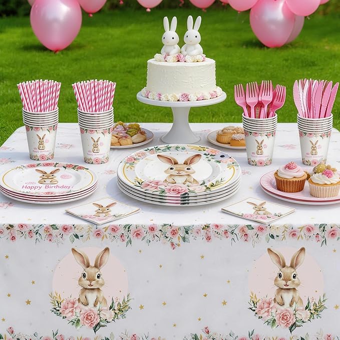 Bunny Birthday Decorations Tableware, Bunny Party Supplies, Paper Plate, Cup, Napkin, Tablecloth, Cutlery, Rabbit Bunny Party Decorations For Easter 1st 2nd Birthday, Serves 24