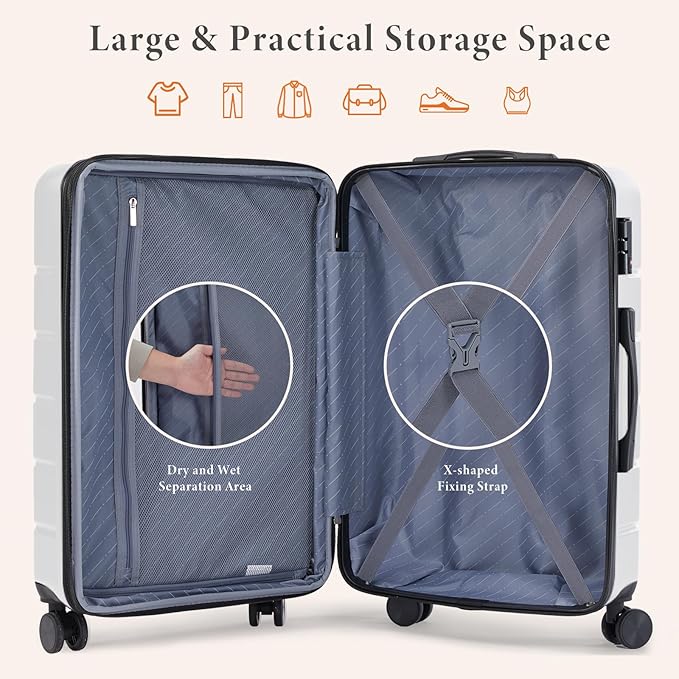Sweetcrispy Carry on Suitcase, Luggage with Spinner Wheels, Hard Shell ABS, TSA Lock, 20 Inch White