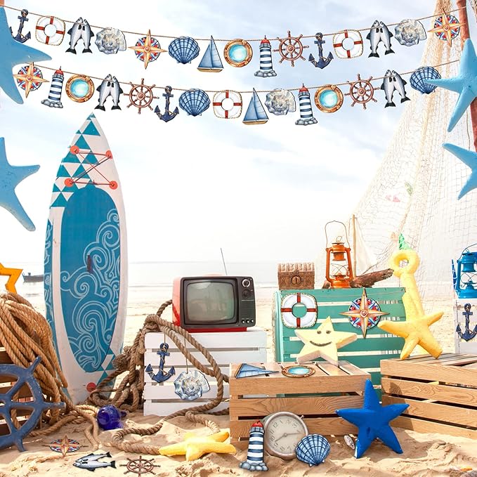 Chunful 30 Pieces Summer Tree Ornaments Christmas in July Wood Hanging Decoration Beach Wooden Slices Winter Tree Ornaments with String for Luau Hawaiian Party Supplies (Sailing Style)