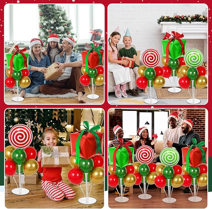 4 Sets Christmas Party Balloons Stand Kit with Gift Box Candy Foil Balloons Party Balloon Centerpiece for Tables for Xmas Holiday Birthday Party Christmas Themed Decorations