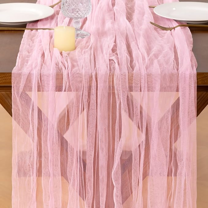 Socomi Pink Cheesecloth Table Runner Tulle Gauze Cheese clothBoho Rustic 120 inch 10FT Runner for Wedding Party Baby Shower Birthday Holiday Decorations 1pc