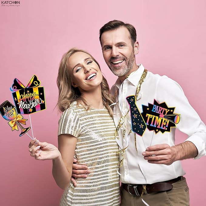 KatchOn, New Years Photo Booth Props 2026 - Pack of 30 | Neon New Years Eve Photo Booth Props for Happy New Years Decorations 2026 | New Years Eve Party Supplies 2026 | NYE Decorations 2026