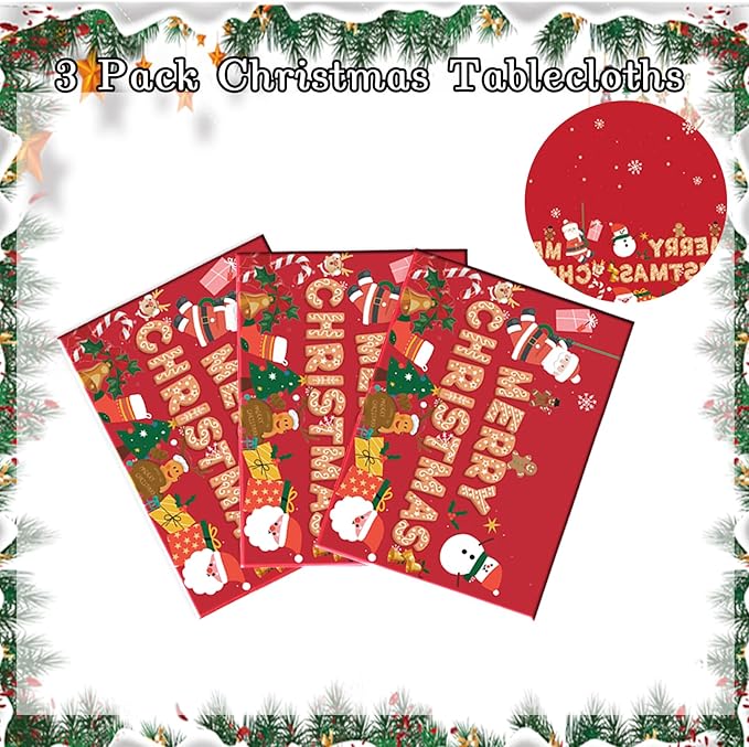 Christmas Tablecloth, 3 Pack Christmas Table Cloth Disposable for Rectangle Tables, Snowflake Xmas Tree Plastic Xmas Table Cover for Holiday Party Decoration Party Favor Supplies 54 x 108 Inches
