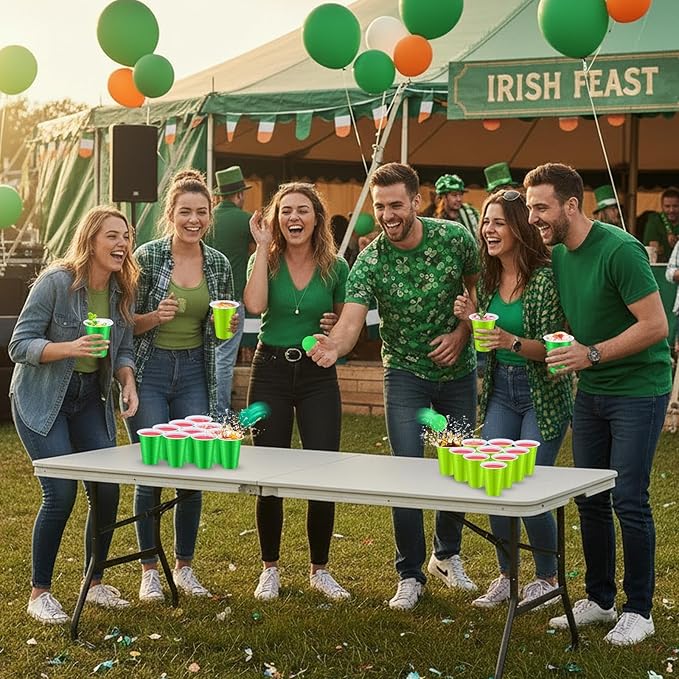 32pcs St. Patricks Day Party Games for Adult Include 24 Pcs 16oz Green Plastic Cups with 8 Balls, Shamrocks Irish Festival Party Decor, Juice Beverage, Outdoor Toss Game Favor Supplies