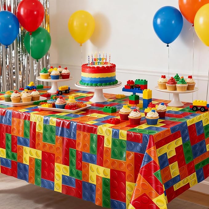 4 Pack Building Block Party Tablecloths, Colorful Blocks Bricks Disposable Plastic Table Covers for Kids’ Block-Themed Birthday Party Supplies, 54 × 108 Inches