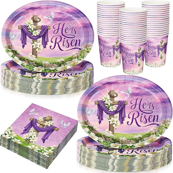 Vesici 150 Pcs Easter Cross Paper Plates and Napkins Set-serves 50, 10'' x 12'' Large Bunny Flower Tableware Disposable Purple Cross Paper Plates Cups Napkins for Spring Easter Birthday Party Supplies