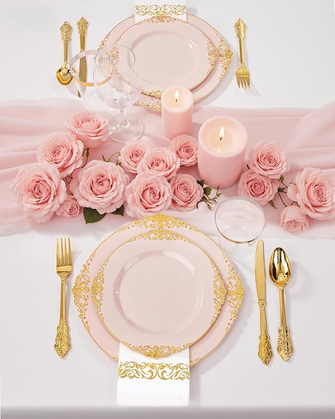 Nervure 350PCS Pink Plastic Plates - Pink Plastic Dinnerware Sets for 50 Guests - 100 Disposable Plates, 150 Gold Silverware, 50 Cups, 50 Napkins Perfect for Wedding & Party & Easter