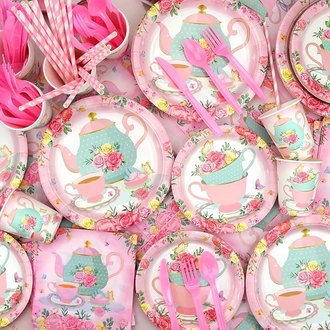 KEFAN Tea Birthday Party Decorations, Tea Theme Party Tableware Supplies including HAPPY BIRTHDAY Banner, Plates, Cups, Napkins, Tablecloth, Balloons for Girls Birthday Party, Serves 20