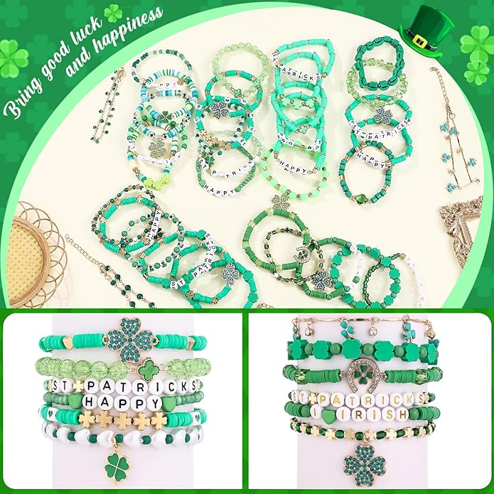 Cooluckday 36 Pcs Holiday Heishi Surfer Bracelets for Women Bulk Easter Mother's Day Christmas St. Patrick's Day Mardi Gras Bracelet Stackable Stretch Friendship Bracelets Set