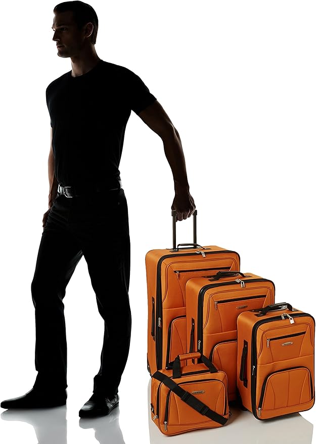 Rockland Fashion Softside 4 Piece Luggage Set, Expandable, (14" Tote/19"/24"/28"), Orange
