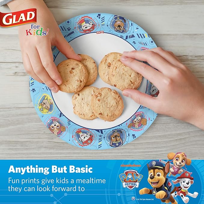 Glad for Kids Paw Patrol Disposable Paper Plates, Heavy Duty Soak Proof Microwavable Kids Plates for Parties, Birthdays, and Everyday Meals, Core Pups Blue, 8.5 Inch, 20 Count - 10 Pack