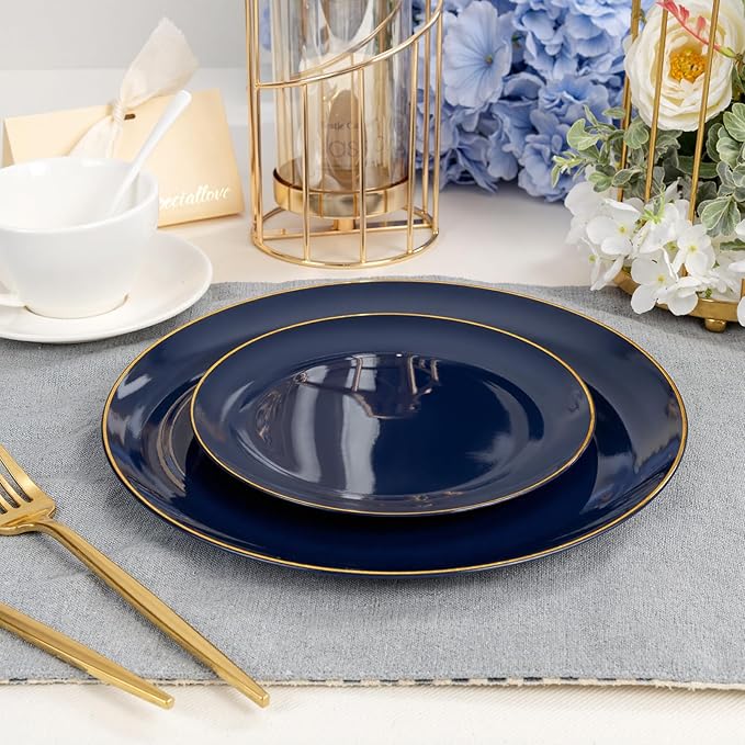 bUCLA 150PCS Blue and Gold Plastic Plates - 25 Guests Navy Blue Plastic Dinnerware Disposable for Party and Passover - Include 25 Dinner/Dessert Plates, 25 Knives, 25 Forks, 25 Spoons, 25 Cups