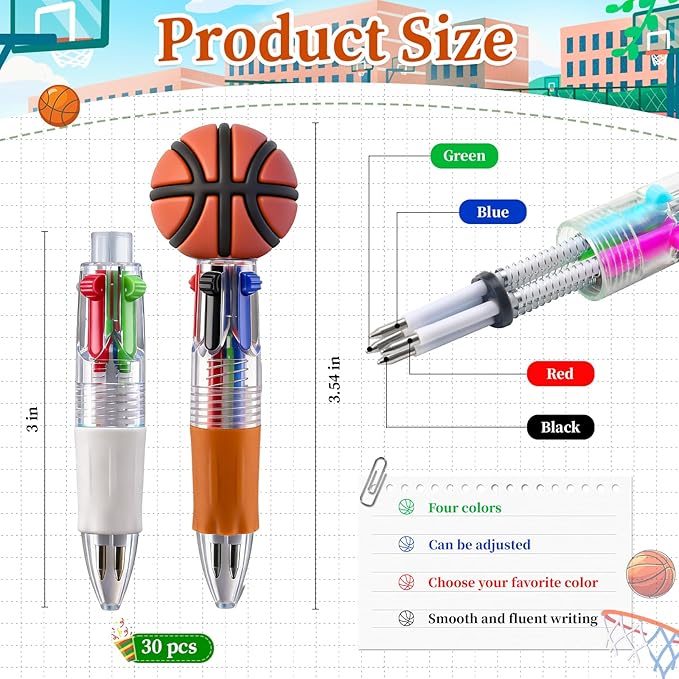 CZWZ 30Pcs Mini Multicolor Pens in One 4-in-1 Cute Pens Bulk for Kids, Ballpoint Pen for Birthdays and Children's Parties, Fun Gifts Assorted Ink Kawaii Pen(Basketball)